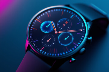 The smart watch displays colorful health metrics, highlighting fitness data in an elegant ambient light