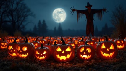 A group of jack o lanterns in front of the full moon - Powered by Adobe