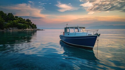 Fototapeta premium Canvas Boat. Modern Blue Recreational Motorboat with Isolated Little Cabin Cruiser