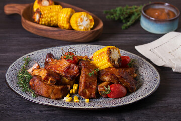 Slow cooked pork spare ribs in a barbecue sauce