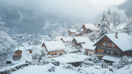 Charming alpine village with snow-draped rooftops and quaint chalets, creating a magical winter wonderland