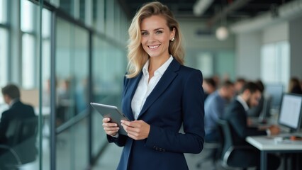 Smiling business woman holding tablet in office stock photo