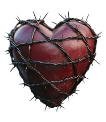 3D heart with barbed wire wrapped around it, isolated on a transparent background, PNG