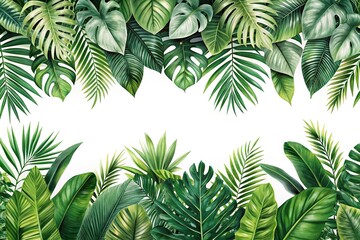 Horizontal arrangement of seamless tropical leaf foliage plants on white background