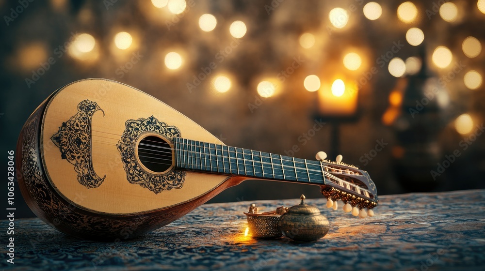 Poster beautiful string instrument with warm background lights
