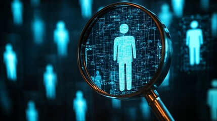 Magnifying glass over a crowd, illustrating HR focus on management, recruitment, and leadership among staff icons.
