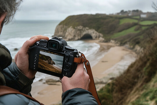 Photographer with and camera taking picture of beautiful mountains