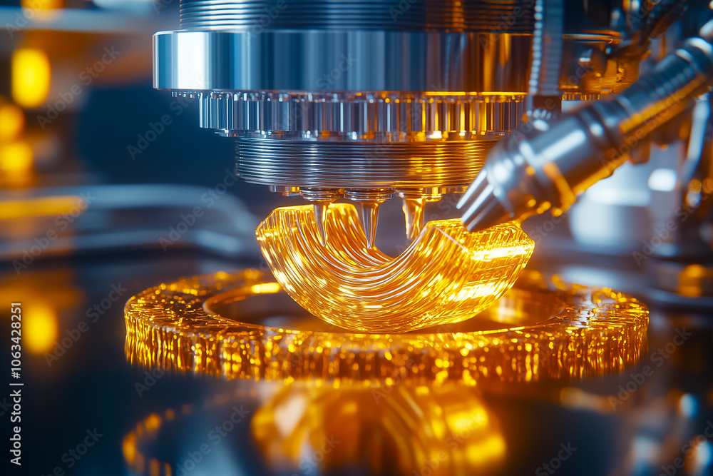 Poster an advanced machine shapes glowing material into complex forms in a high-tech workshop