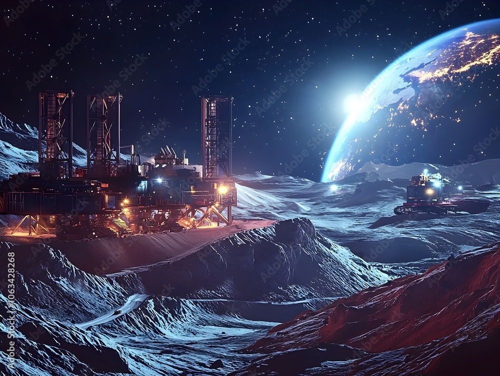 Poster futuristic lunar mining with robots extracting minerals under glowing earth