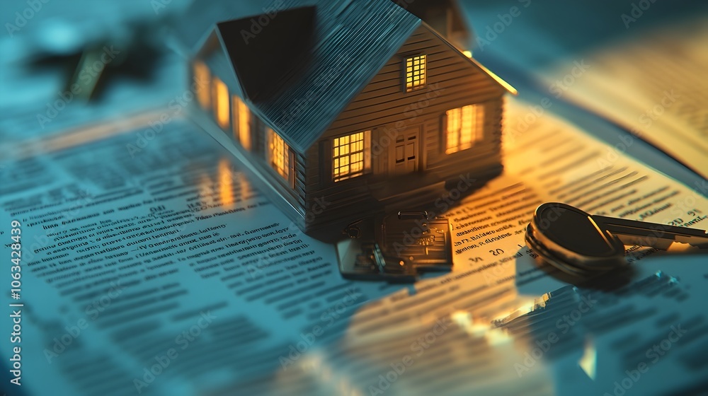 Aufkleber 3d render of home keys on loan document with interest rate highlighted for ownership path