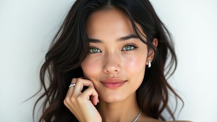 A beautiful young woman with green eyes is posing for the camera