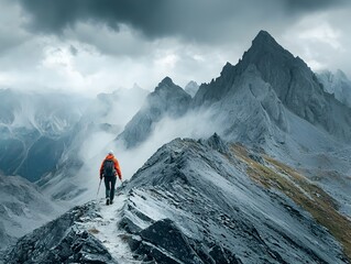 Hiker navigating challenging ridgeline trail amid dramatic mountainous landscape and stormy skies