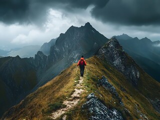 Fototapeta premium Hiker Traversing a Rugged Ridgeline Trail Amidst Stormy Mountainscape