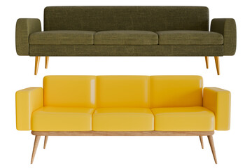 Yellow and green sofa, fabric or leather texture 3D illustration rendering set Simulation of a sofa in front view modern furniture interior design