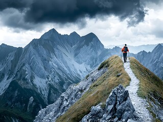 Naklejka premium Hiker walking along a rugged ridgeline trail with jagged peaks and stormy clouds overhead symbolizing the challenge of nature