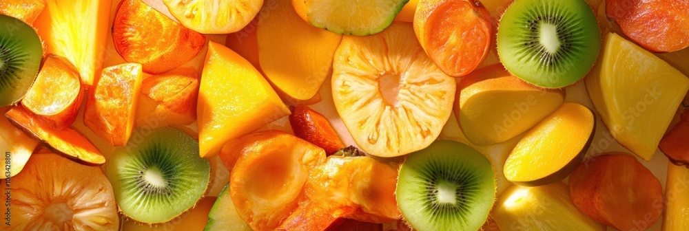 Poster Sliced tropical fruits like pineapples, mangoes, and papayas create a vivid and colorful array suitable for a fresh dessert or snack. Generative AI