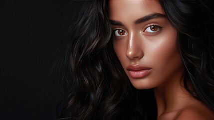 Fototapeta premium Dark-haired model with long, shiny, wavy hair, perfect for promoting beauty products, cosmetics