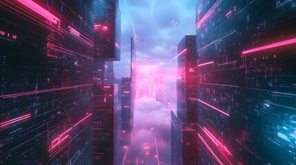 Fototapeta premium Futuristic Neon Frame with Faded Grid Overlay in Pink and Blue Tones