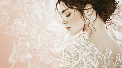 Refined feminine outline highlighted by intricate lace details, illustrated in a soft color scheme of ivory and rose, creating a romantic