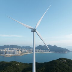 A wind turbine stands on a hill overlooking a city skyline and coastline.
