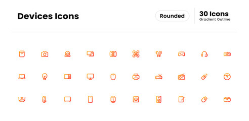 Devices icon set. device, technology, phone, computer, web, smartphone, internet, laptop, business, electronic. Vector gradient outline icon illustration