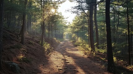 Obraz premium A hiking trail through a dense pine forest, where sunlight