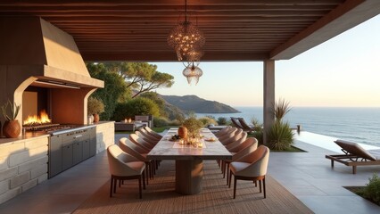 An outdoor dining area with a fireplace and ocean view