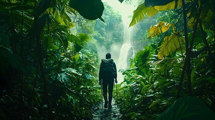 Obraz premium Hiker Trekking Through Lush Tropical Jungle With Distant Waterfall