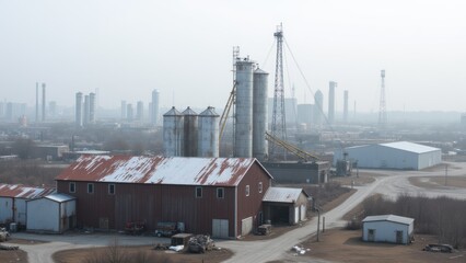 Fototapeta premium An aerial view of a farm with silos in the background