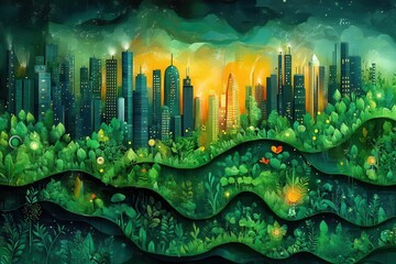 a vibrant illustration of esg principles featuring elements of green energy sustainable practices and corporate governance harmoniously intertwined with nature and modern industry symbols