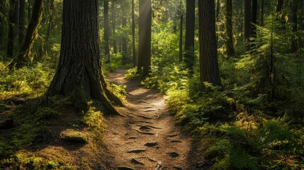 Obraz premium A hiking trail through a dense pine forest, where sunlight