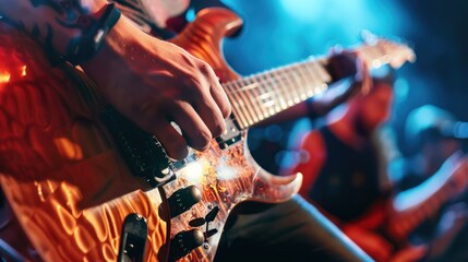 Obraz premium Fingers strumming the strings of an electric guitar in a close-up shot, capturing the raw energy and intensity of a rock concert.