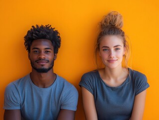 Obraz premium Two diverse individuals sit against a solid orange backdrop. They are dressed in casual gray shirts, creating a calm and friendly atmosphere.