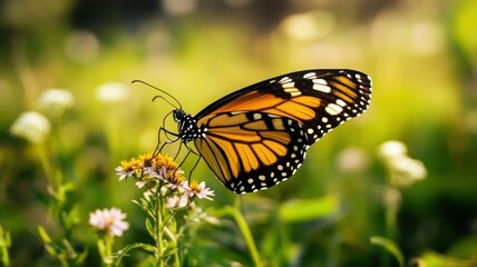 Fototapeta premium A vibrant butterfly resting on a flower, showcasing its detailed wings and colors against a soft background of nature.