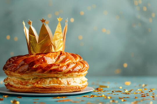 Epiphany kings cake with a golden paper crown