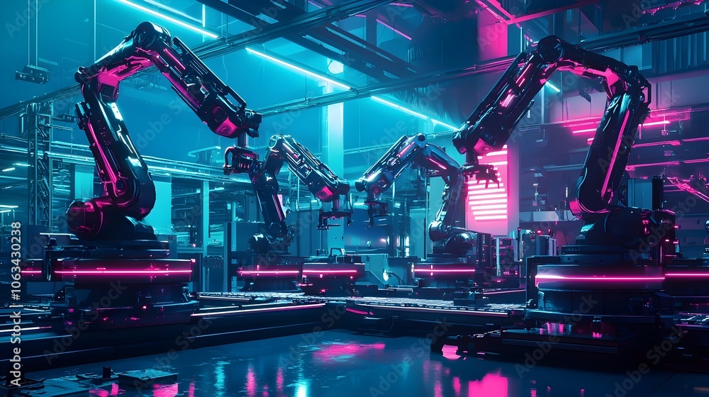 Poster futuristic factory with robotic arms assembling products in neon lit high tech environment