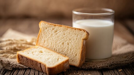 Fresh bread slices paired with milk on a rustic wooden table with a soft, cozy ambiance