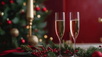 Traditional New Year's Eve toast with champagne in rich burgundy and green setting, featuring greenery and candle decor. Christmas, New Year's Eve