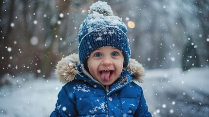 Funny excited little boy in blue winter clothes walks during a snowfall. Outdoors winter activities for kids. Cute child wearing a warm hat catching snowflakes with his tongue