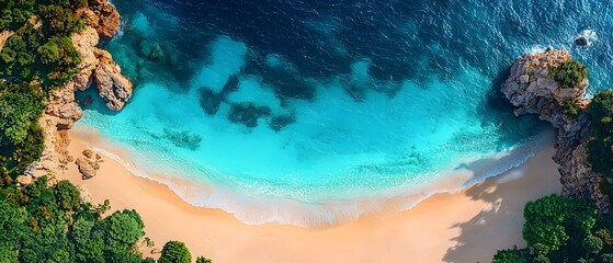 Naklejka premium Aerial view of a stunning tropical beach featuring clear turquoise waters lapping against soft golden sands, surrounded by lush greenery and rocky cliffs.