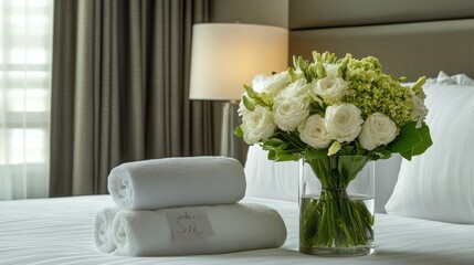 Fresh flowers, towels, and a personalized welcome note arranged on the bed in a modern hotel room