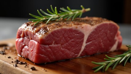 A piece of meat on a cutting board with rosemary sprigs
