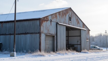 A barn is covered in snow
