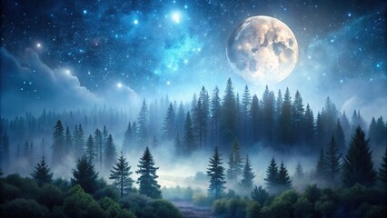 Fototapeta premium Moody night scene of a forest under a full moon, with misty fog rolling in and twinkling stars above, atmospheric conditions, misty fog