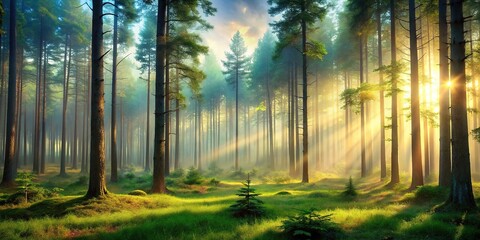 Obraz premium Nature-inspired forest landscape with towering trees and shimmering mist, outdoor photography, natural beauty, misty mornings, watercolor art