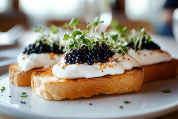 Close-up of a gourmet toast topped with black caviar, sour cream, and microgreens, set against a minimalist table setting.