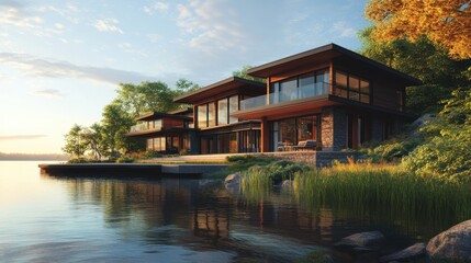Fototapeta premium A modern eco-friendly home overlooking a calm lake, featuring