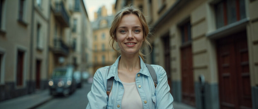 Smiling Girl in City Street, Urban Life Theme, Lifestyle Poster, Social Media Content, Travel blog concept