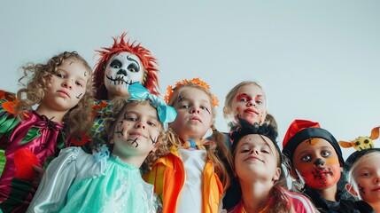 Fototapeta premium Group of children in costumes for halloween on white background.