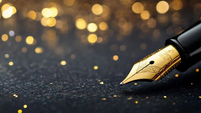 Close-up of golden fountain pen tip against dark background, representing elegance and luxury.